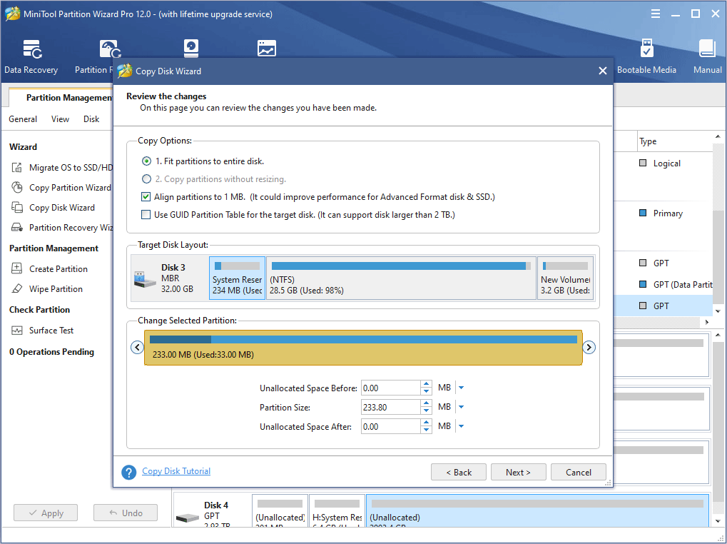 choose copy options and adjust size and location of partitions on the target disk