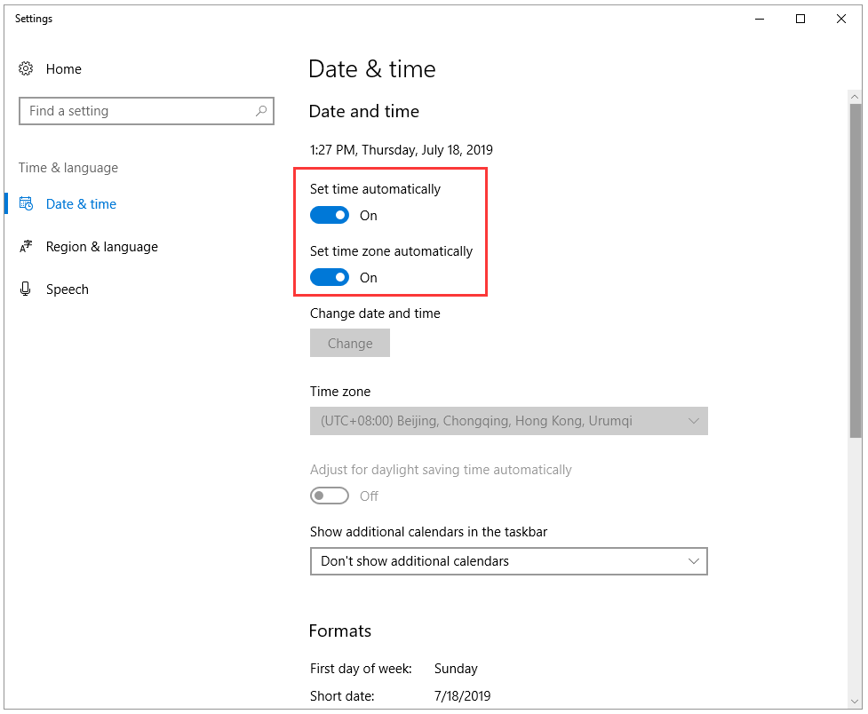 turn on Set time automatically and Set time zone automatically