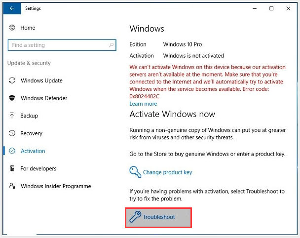 click the Troubleshoot to launch Activation Troubleshooter