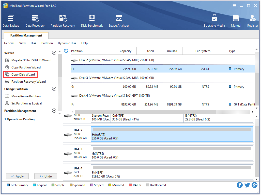 click the Copy Disk Wizard feature to back up the data