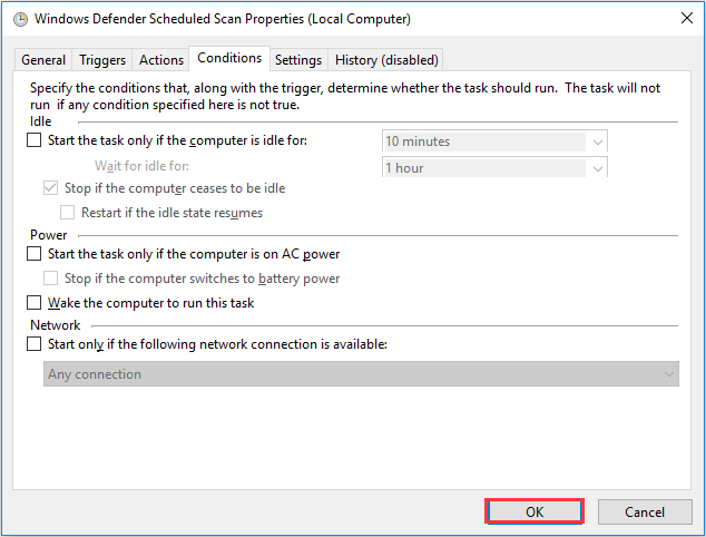 uncheck all options in the Condition tab