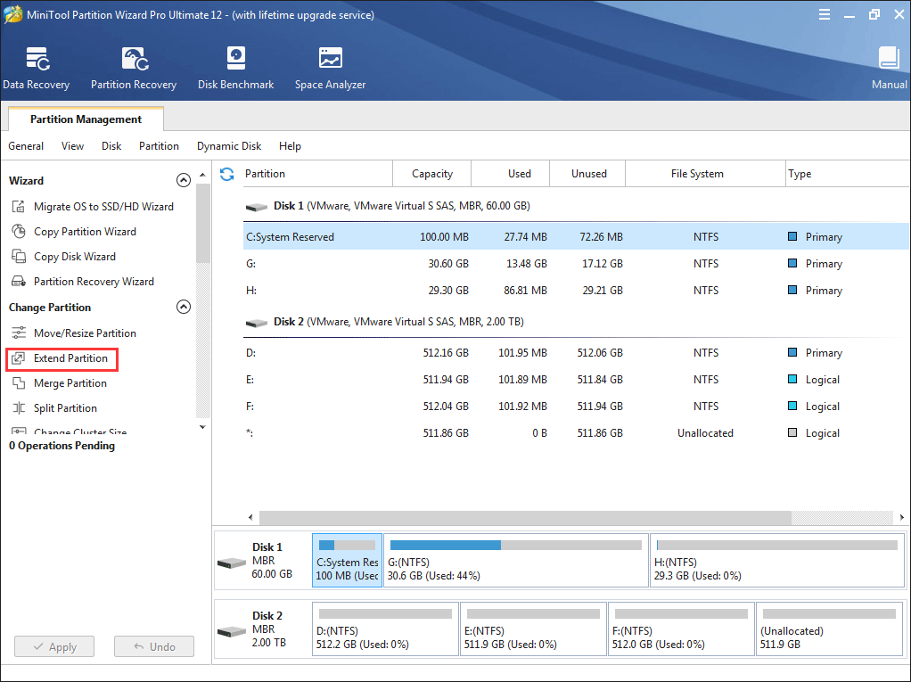 activate the Extend Partition feature from the left panel