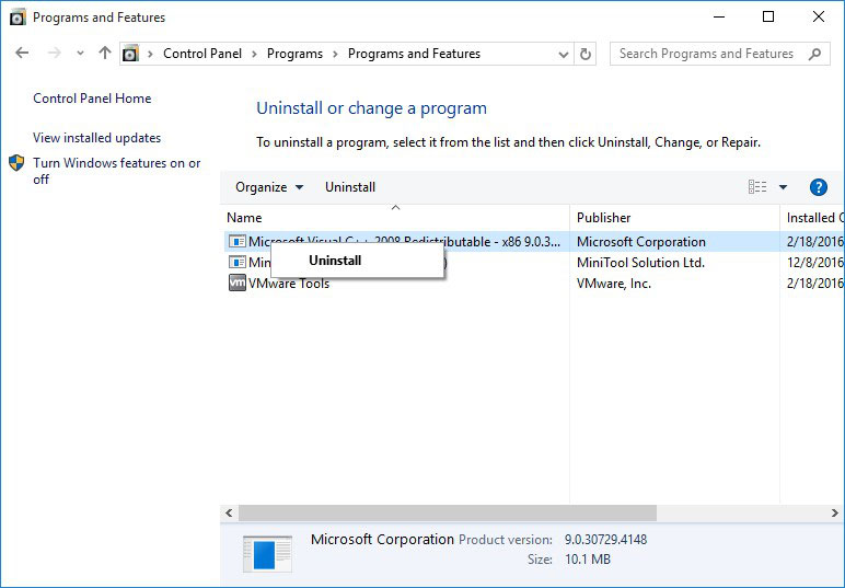 uninstall program in Windows 10