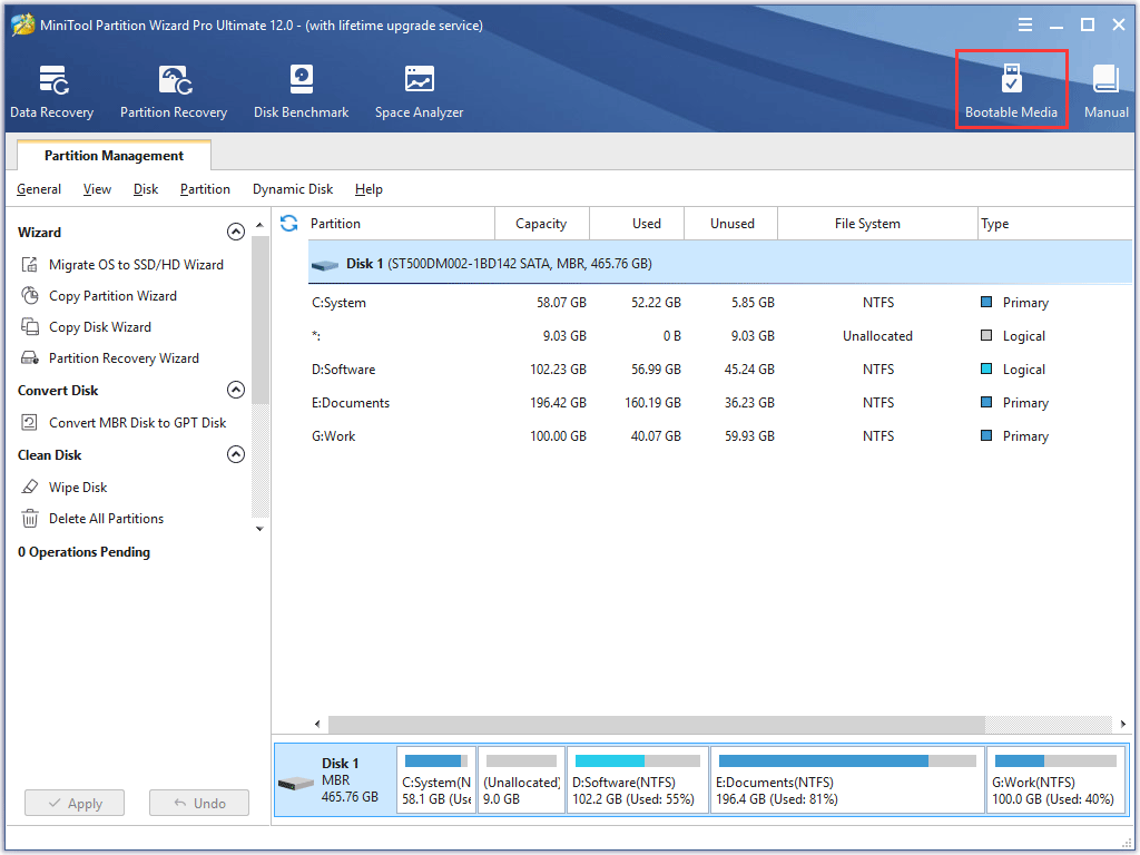 click Bootable Media in the interface of MiniTool Partition Wizard Pro Ultimate