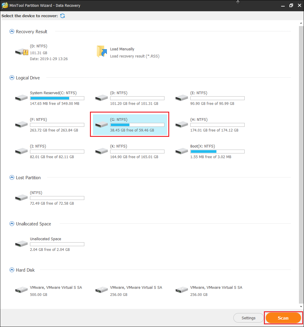 select a partition and click Scan