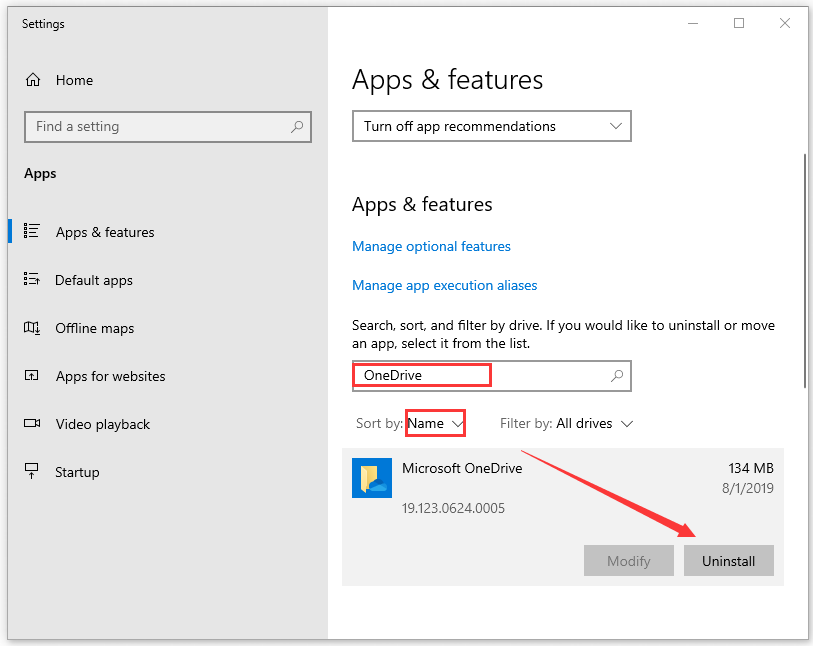 uninstall the OneDrive application