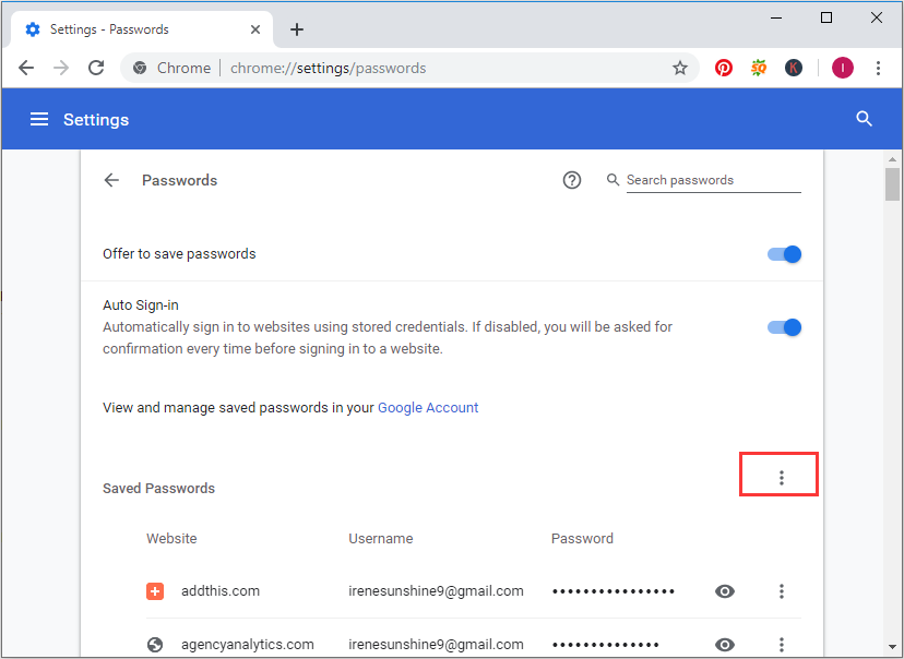 click the three dots to export Chrome passwords