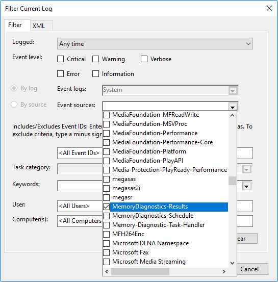 Check MemoryDiagnostics-Results to display all result logs of memory test