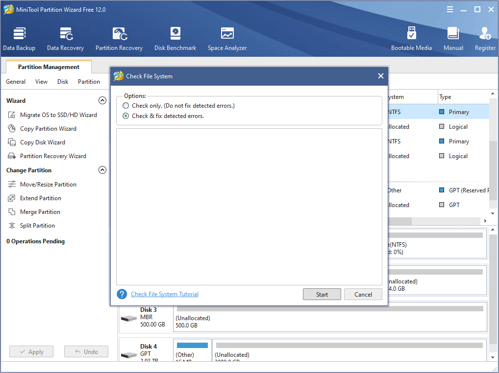choose Check & fix detected errors and click the Start button