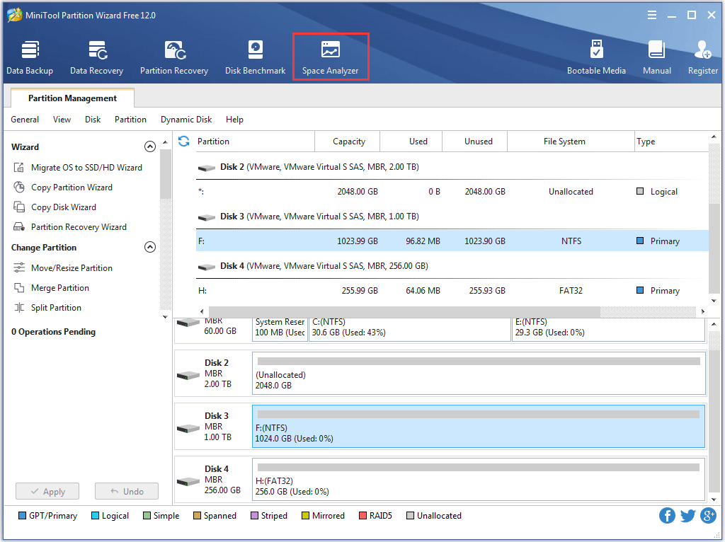 click the Space Analyzer from the toolbar