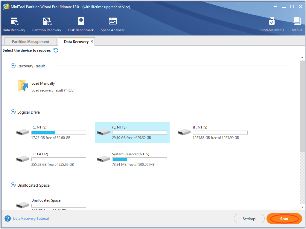select one partition and click the Scan button