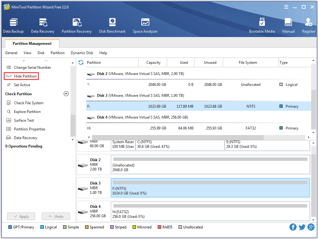 click the Hide Partition feature form the left panel