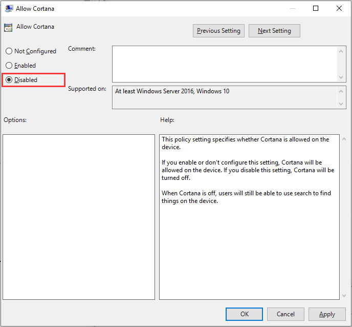 disable Cortana and click OK