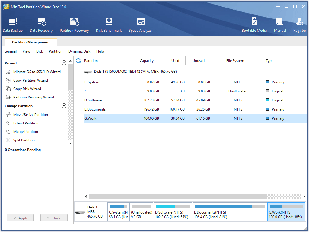 the main interface of MiniTool Partition Wizard Free Edition