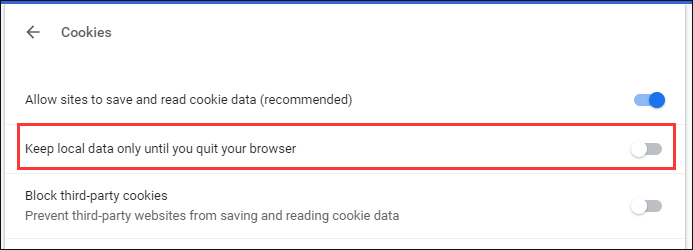 check the state of Keep local data only until you quit your browser