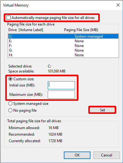 enter initial size and maximum size