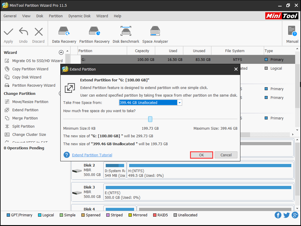 choose new size of system partition and click OK