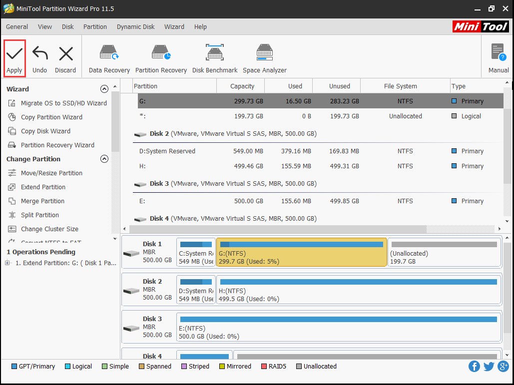 click Apply to extend system partition