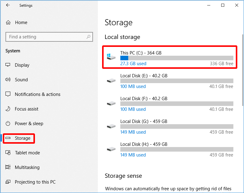 click Storage and choose C: drive