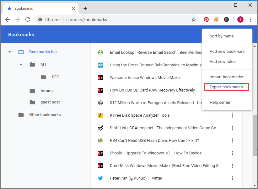 click export bookmarks