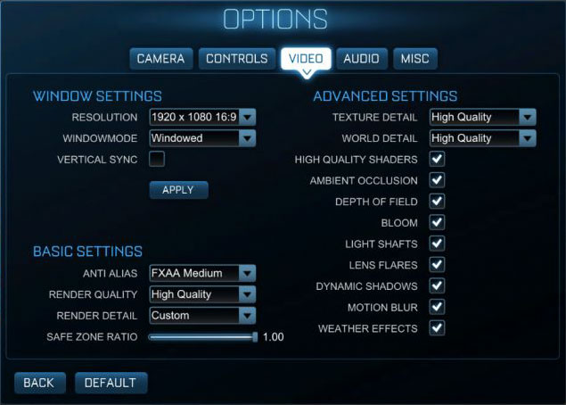 game's settings