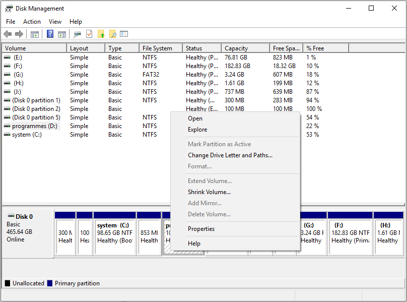 the right-click menu in Disk Management