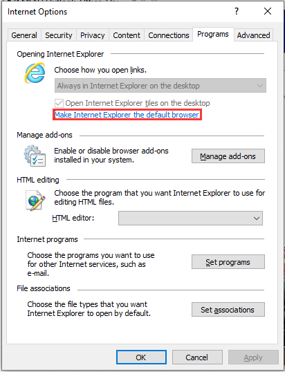 click Make Internet Explorer the default browser