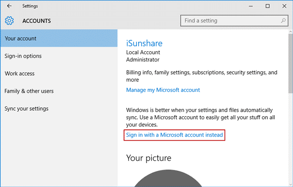 click on Sign in with a local account instead