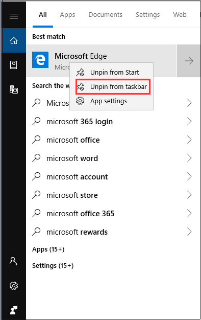 unpin Microsoft Edge from taskbar