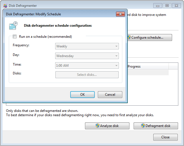disable disk defragmentation schedule