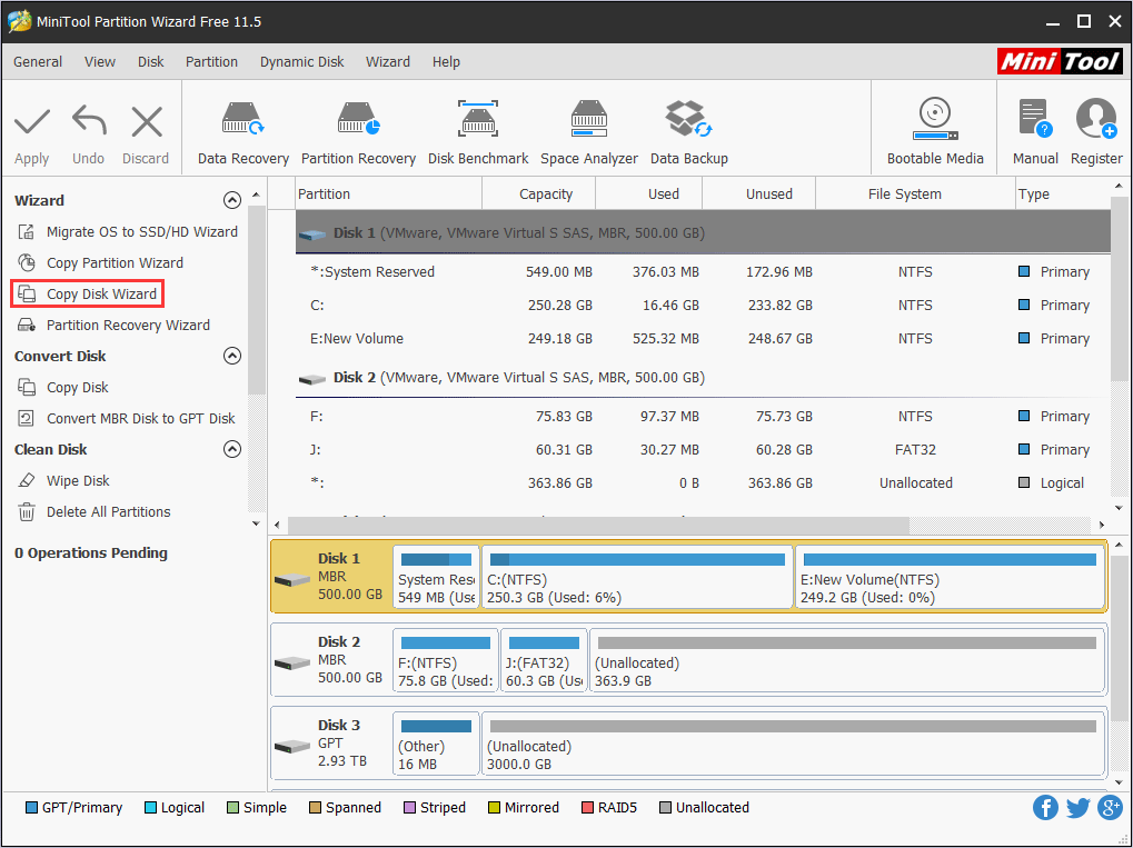 activate Copy Disk feature of MiniTool Partition Wizard
