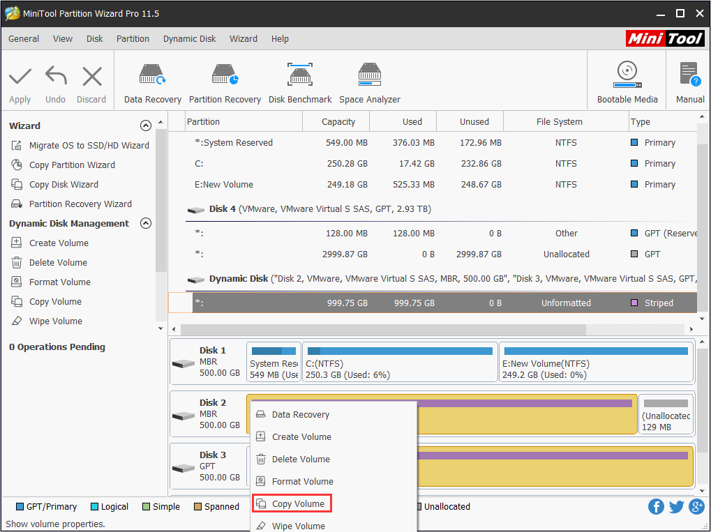 active Copy Volume feature of MiniTool Partition Wizard