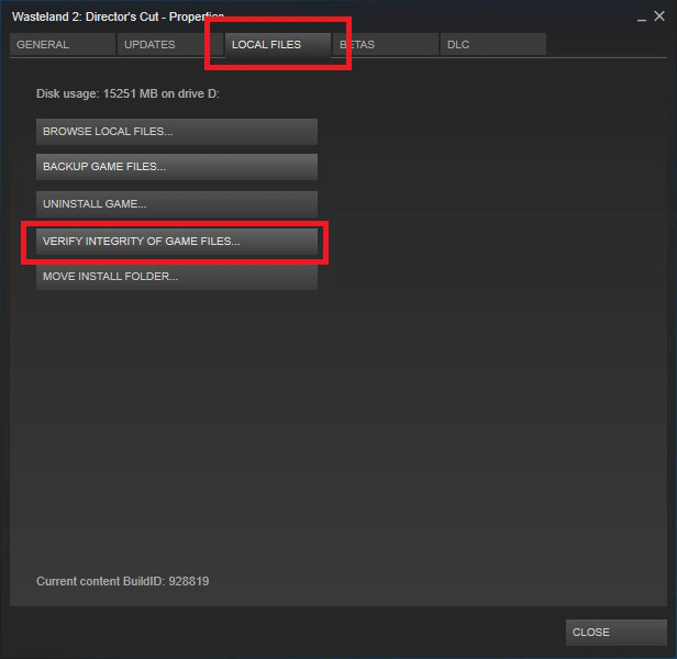 verify the integrity of game files under the LOCAL Files tab