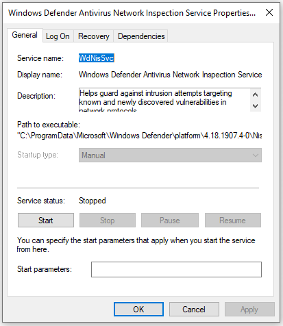 the properties of Windows defender antivirus feature