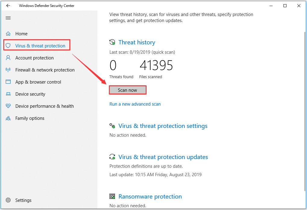 use Windows Defender to remove virus threats