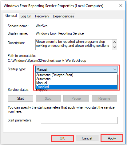set Start type as Disabled