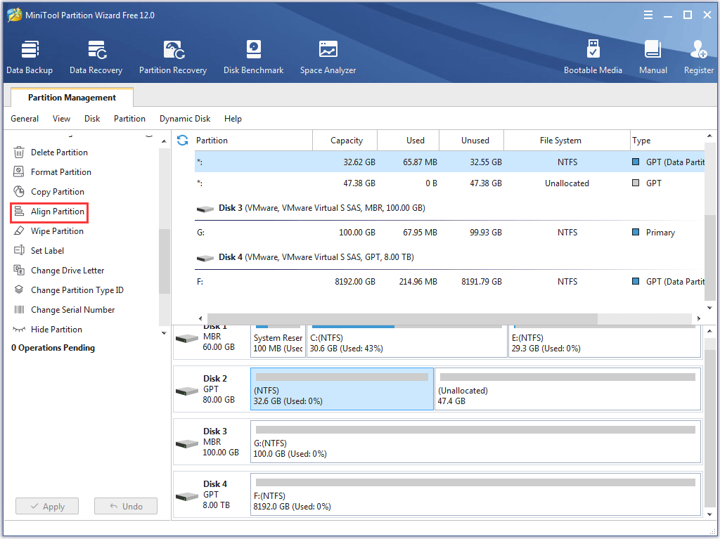 the Align Partition feature of MiniTool Partition Wizard