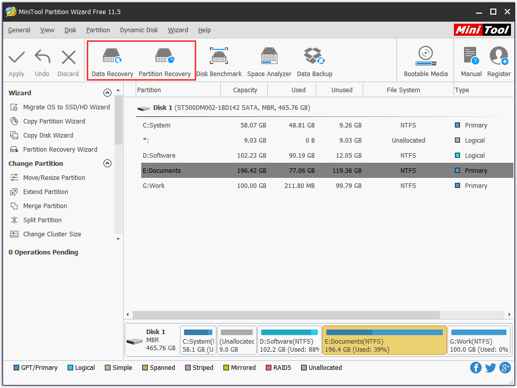the two useful features – Data Recovery and Partition Recovery