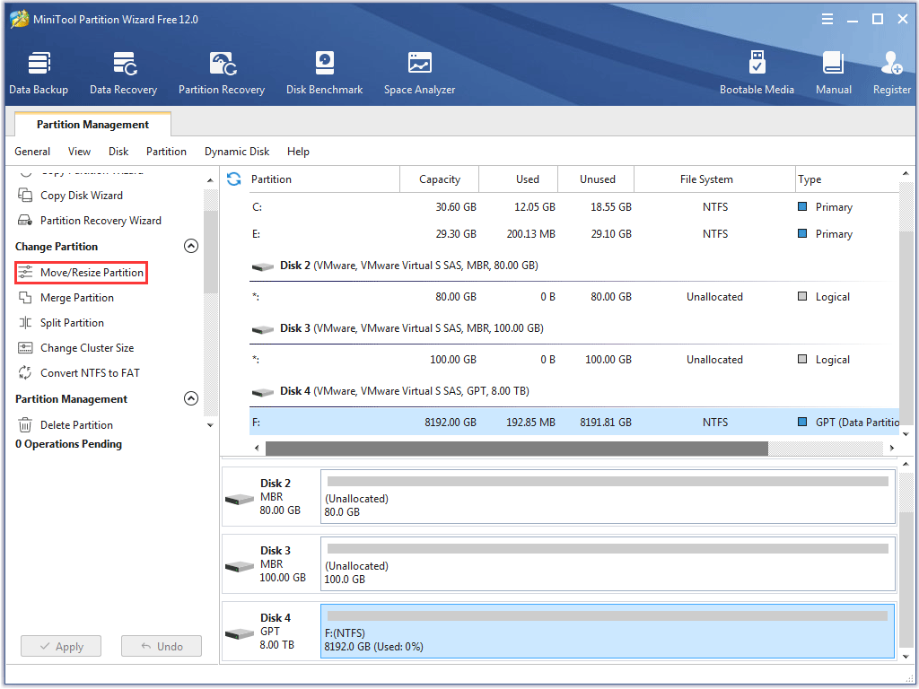 click the Move/Resize Partition feature