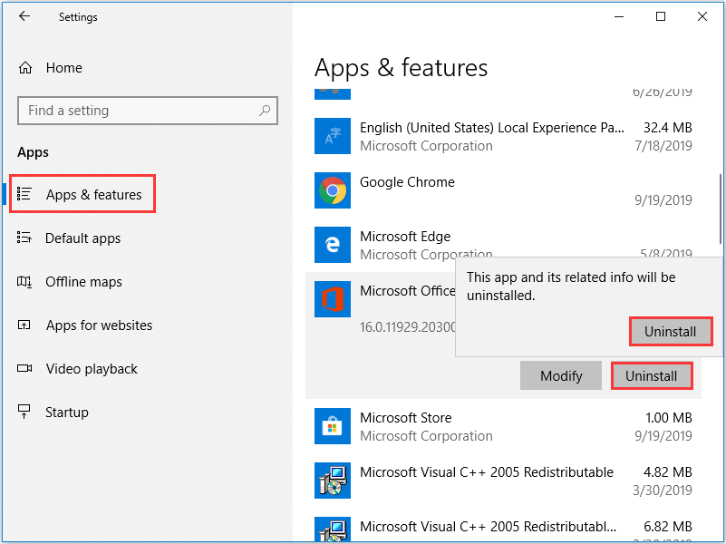 uninstall Office program in Settings