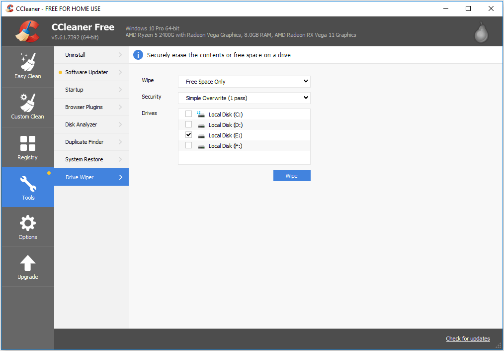CCleaner wipe free space