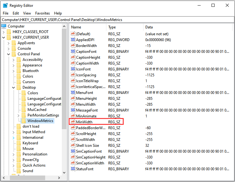 double-click MinWidth
