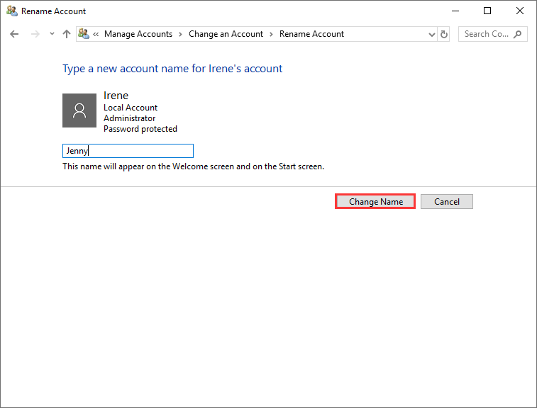 type the new name and click change name