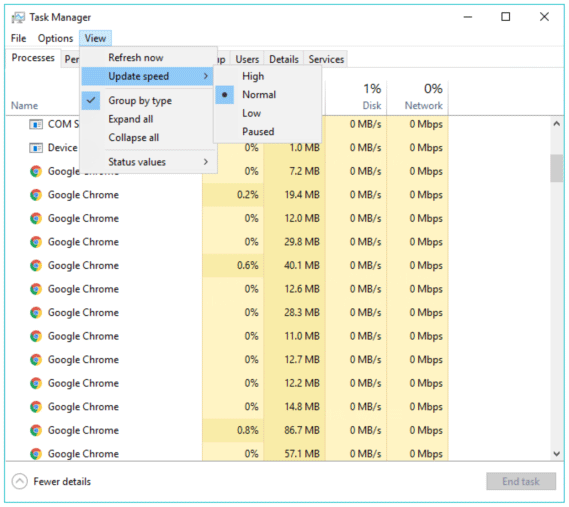 select one Windows Task Manager update speed