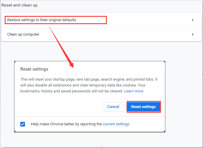 reset Chrome settings