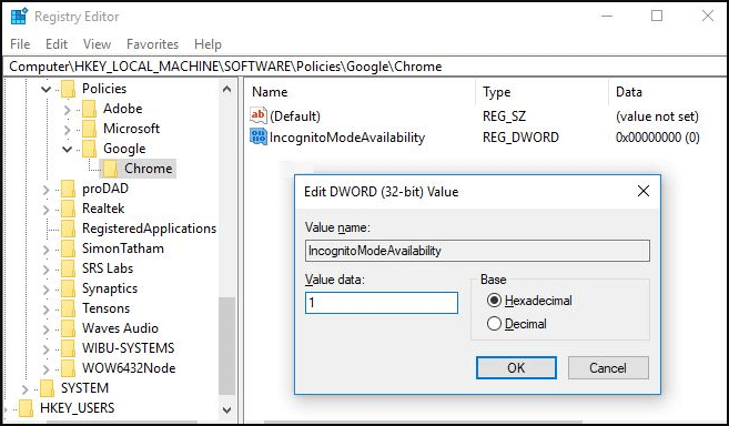 change the value of IncognitoModeAvailability key