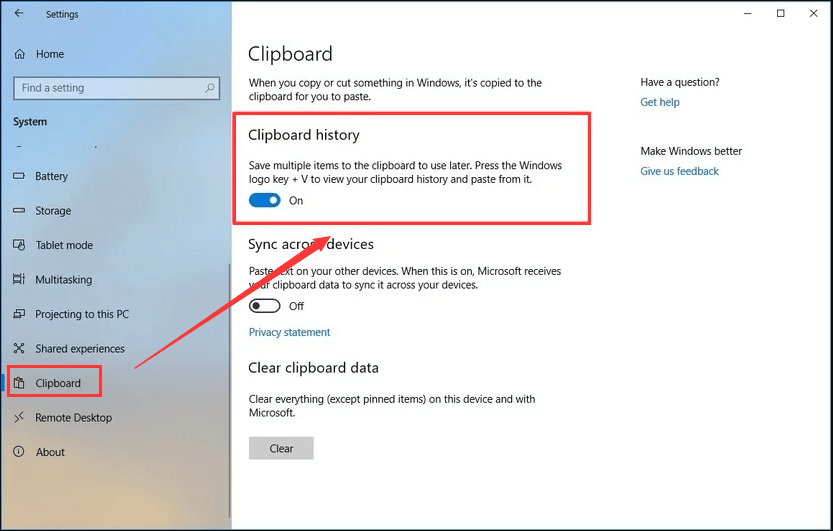 Enable Clipboard History in Windows 10