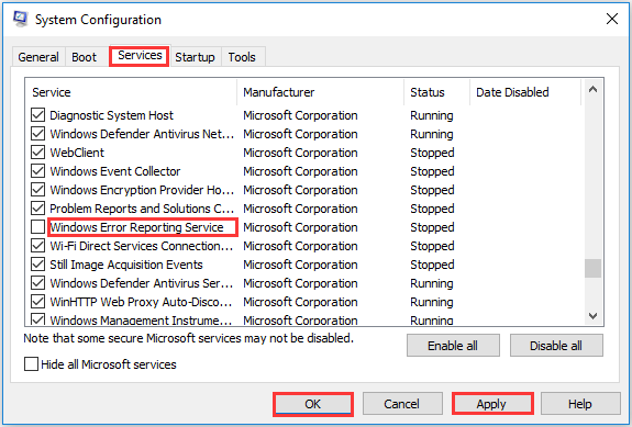 disable Windows Error Reporting Service