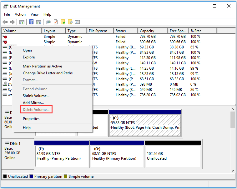 Disk Management doesn’t allow to delete the volume containing system