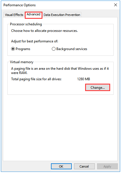 click Change to disable page files in the volume